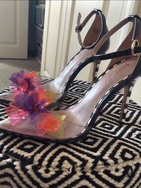 Betsey Johnson Landyn Flower Clear Black White Stripe Heel Ankle Strap 7.5